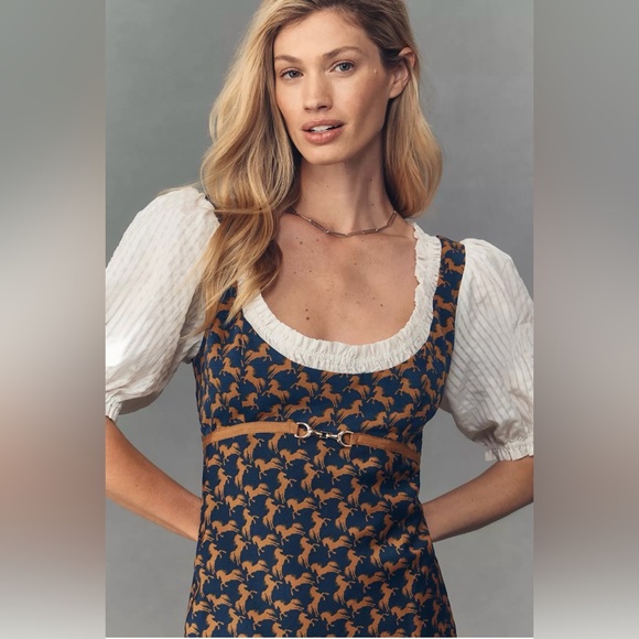 NWOT size Large Anthropologie Maeve Puff Sleeve Twofer mini horse print - Picture 3 of 6